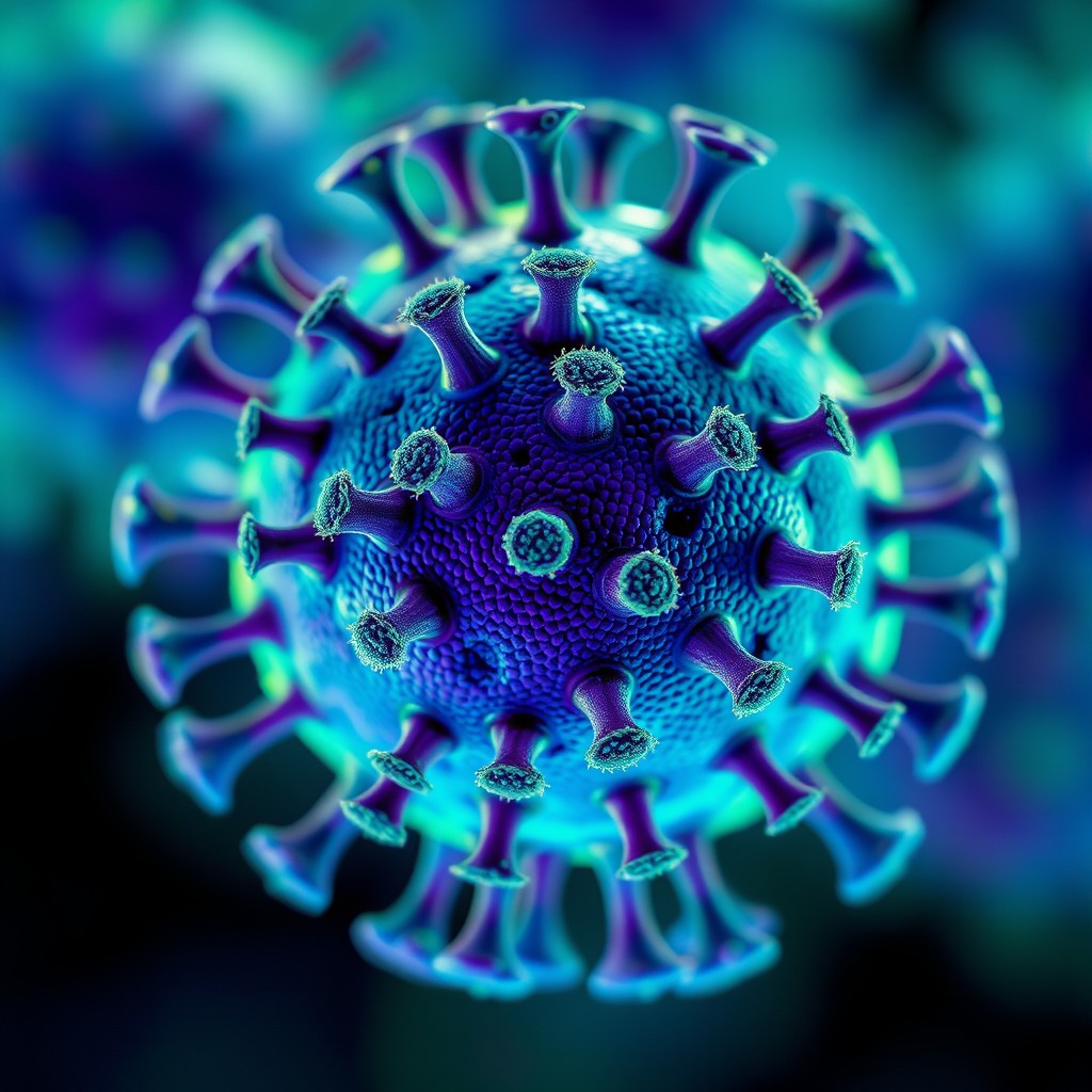 A highly detailed, macro shot of Human Papillomavirus (HPV) under a microscope