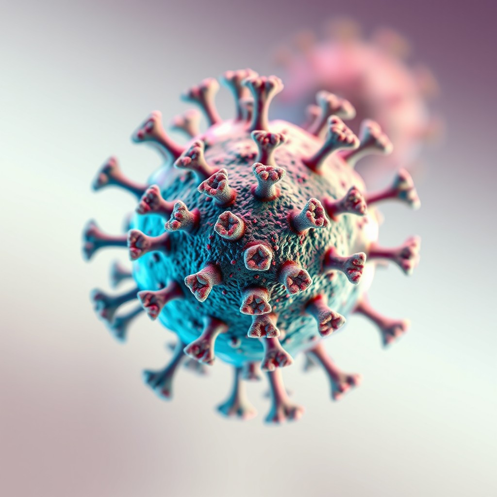A highly detailed microscopic image of the Human Papillomavirus (HPV) structure, showcasing its distinct morphology with surface proteins and the intricate details that define its geometric shape
