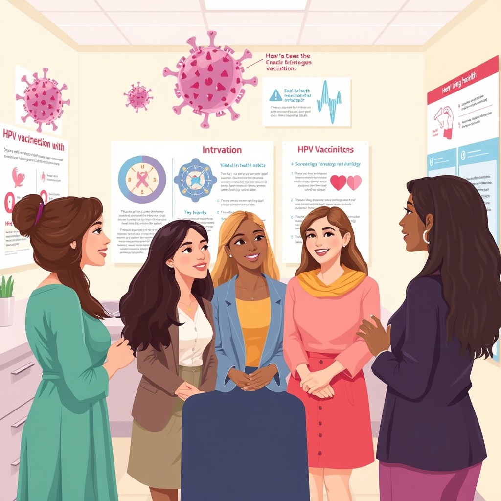 An educational illustration depicting the HPV virus and its effects on women's health, featuring a diverse group of young women discussing health awareness