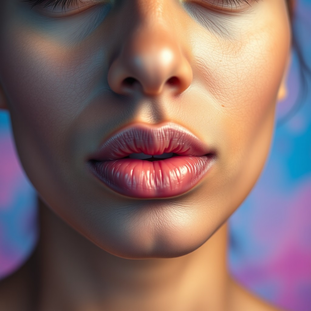 A close-up, realistic portrait focusing on the lower half of a person's face, emphasizing the lips and chin area