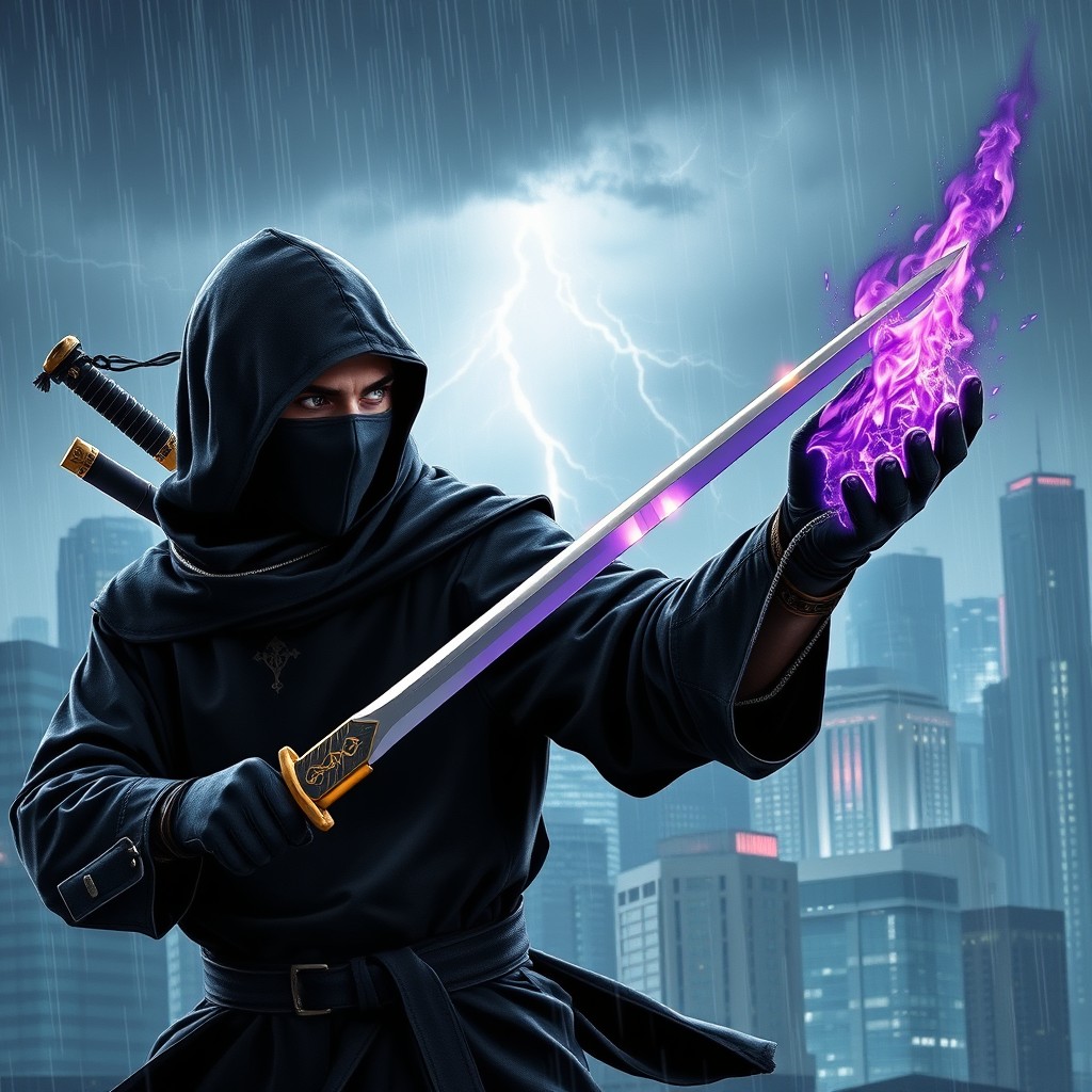 A dark-suited ninja wielding swords adorned with glowing Nordic and technological runes, showcasing a purple flame with sparkling accents in one hand