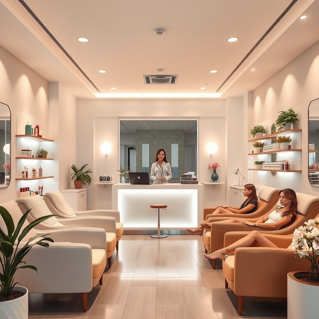 A realistic and inviting interior of a modern waxing salon, featuring sleek decor, comfortable treatment rooms with soft lighting, and a professionally designed reception area