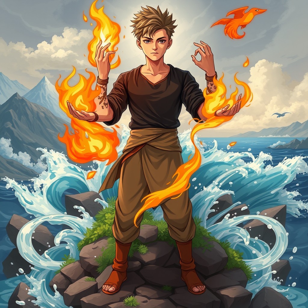 A young man mastering all elements: earth, water, fire, and air