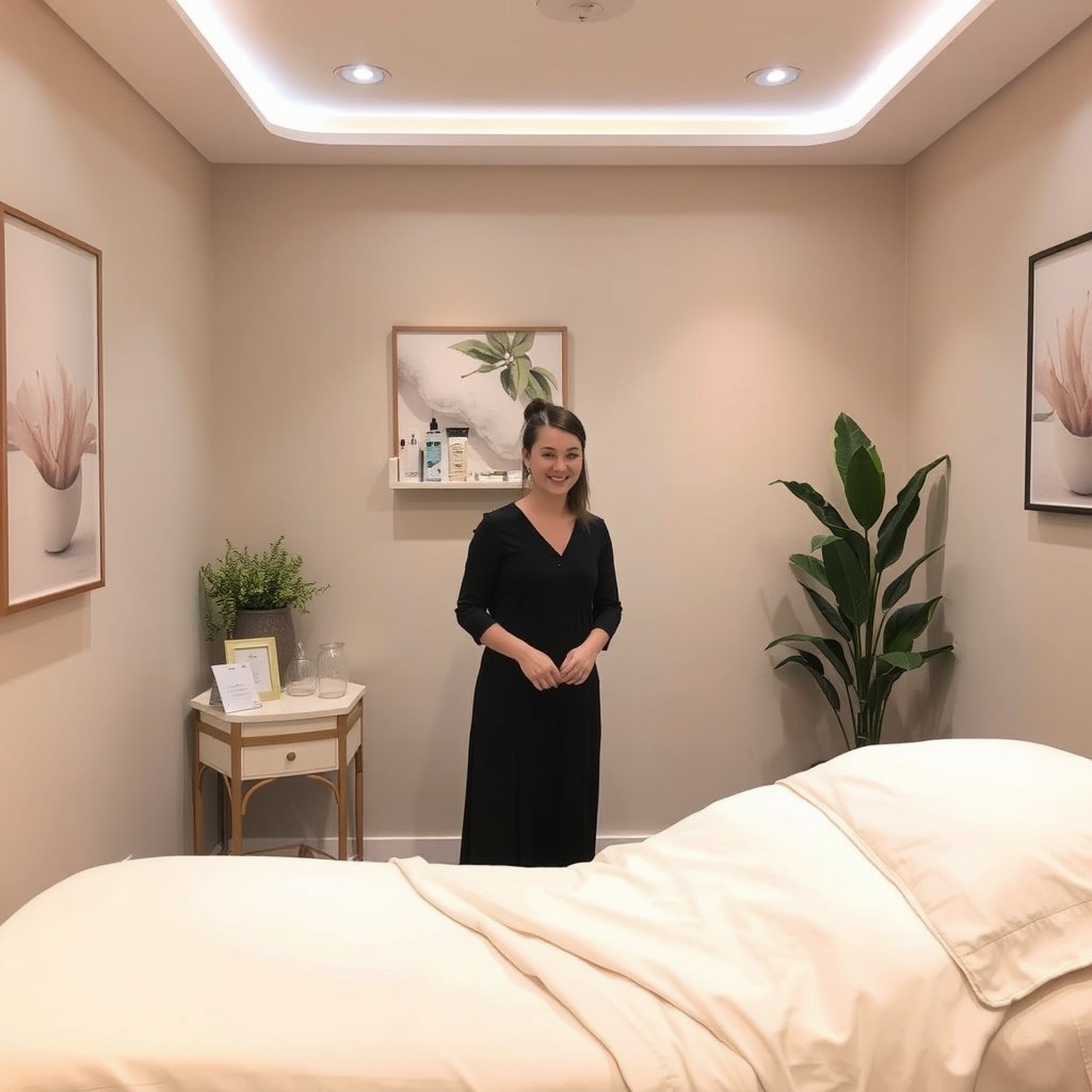 The interior of a cozy waxing treatment room, designed with a modern aesthetic, featuring a comfortable waxing bed with plush linen, soft ambient lighting, and tasteful decor
