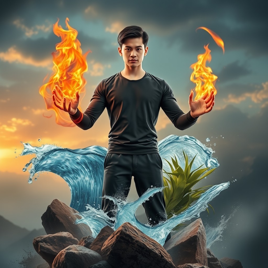 A portrait of a young man controlling all elements, depicting mastery over fire, water, earth, and air