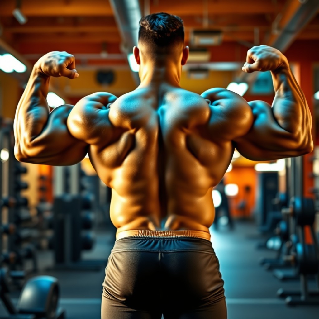 A muscular man with an exaggeratedly large and heavy posterior, showcasing strength and power
