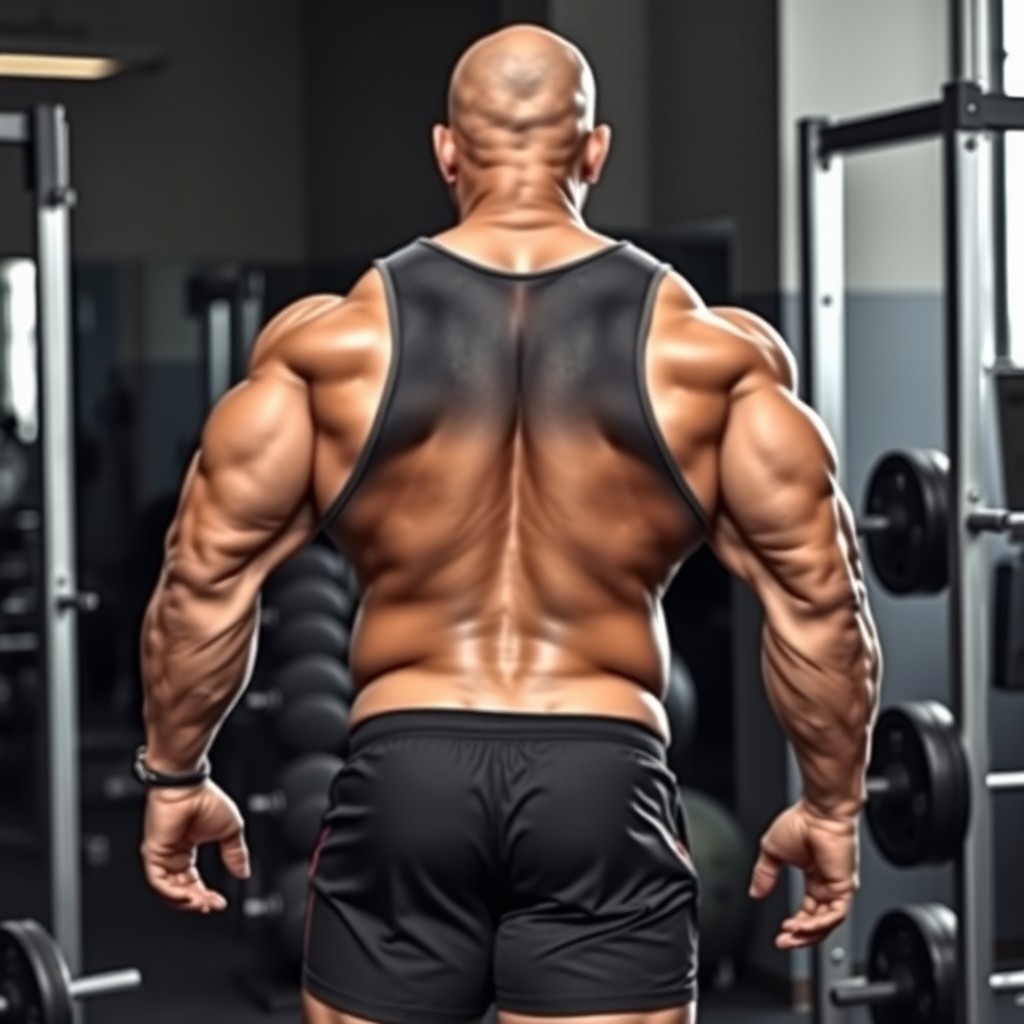 A super muscular man with an exceptionally large and heavy backside, showcasing exaggerated proportions
