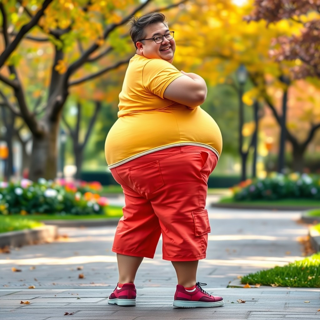A humorous depiction of a person with an exaggeratedly large and heavy backside, standing confidently in a playful pose