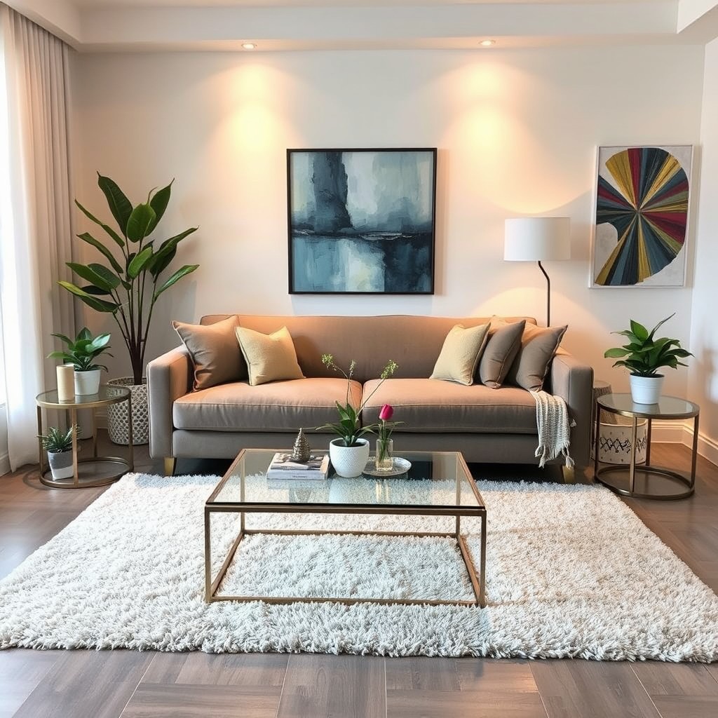 A beautifully decorated and furnished living room, featuring a stylish sofa in a rich fabric, a chic coffee table made of glass and metal, potted plants adding a touch of greenery, and vibrant artwork adorning the walls