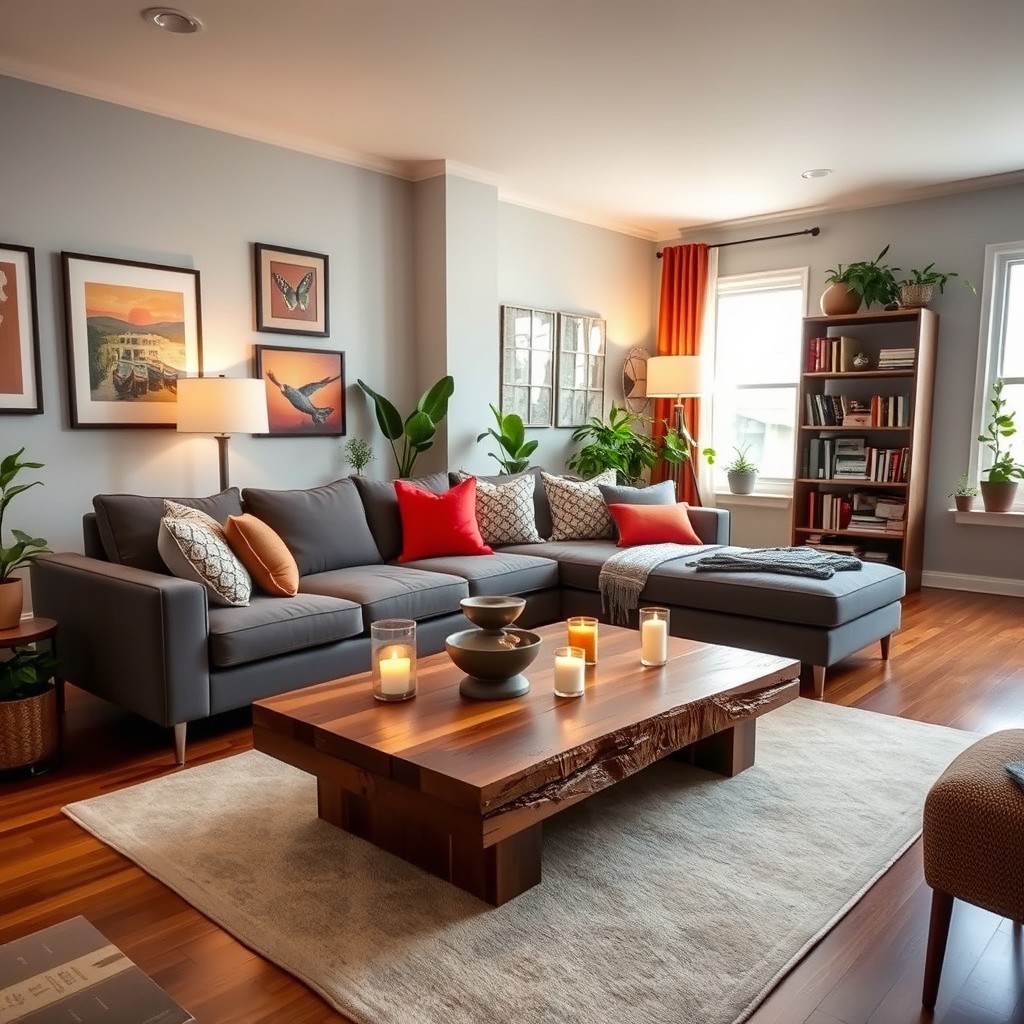 A beautifully furnished and stylish living room featuring a modern sectional sofa, a rustic coffee table made of reclaimed wood, and vibrant accent pillows