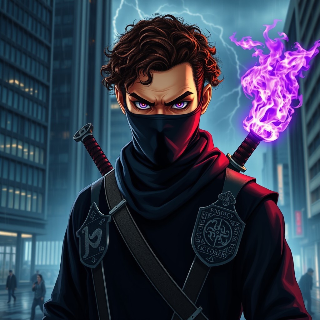 An intense-looking ninja with a furrowed brow, one eye shimmering in deep purple and the other a dark brown