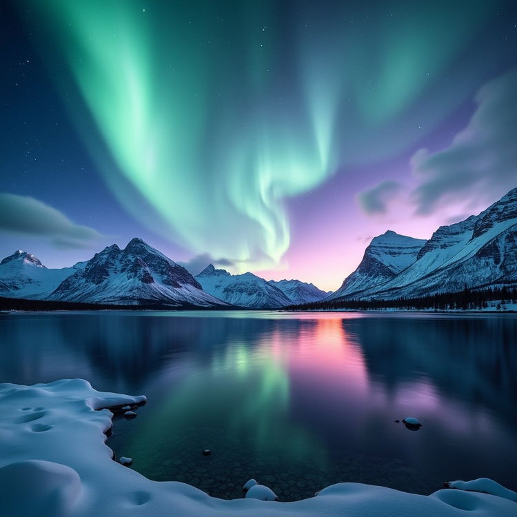 A breathtaking landscape scene showcasing the tranquil Northern Lights illuminating the night sky over a serene lake