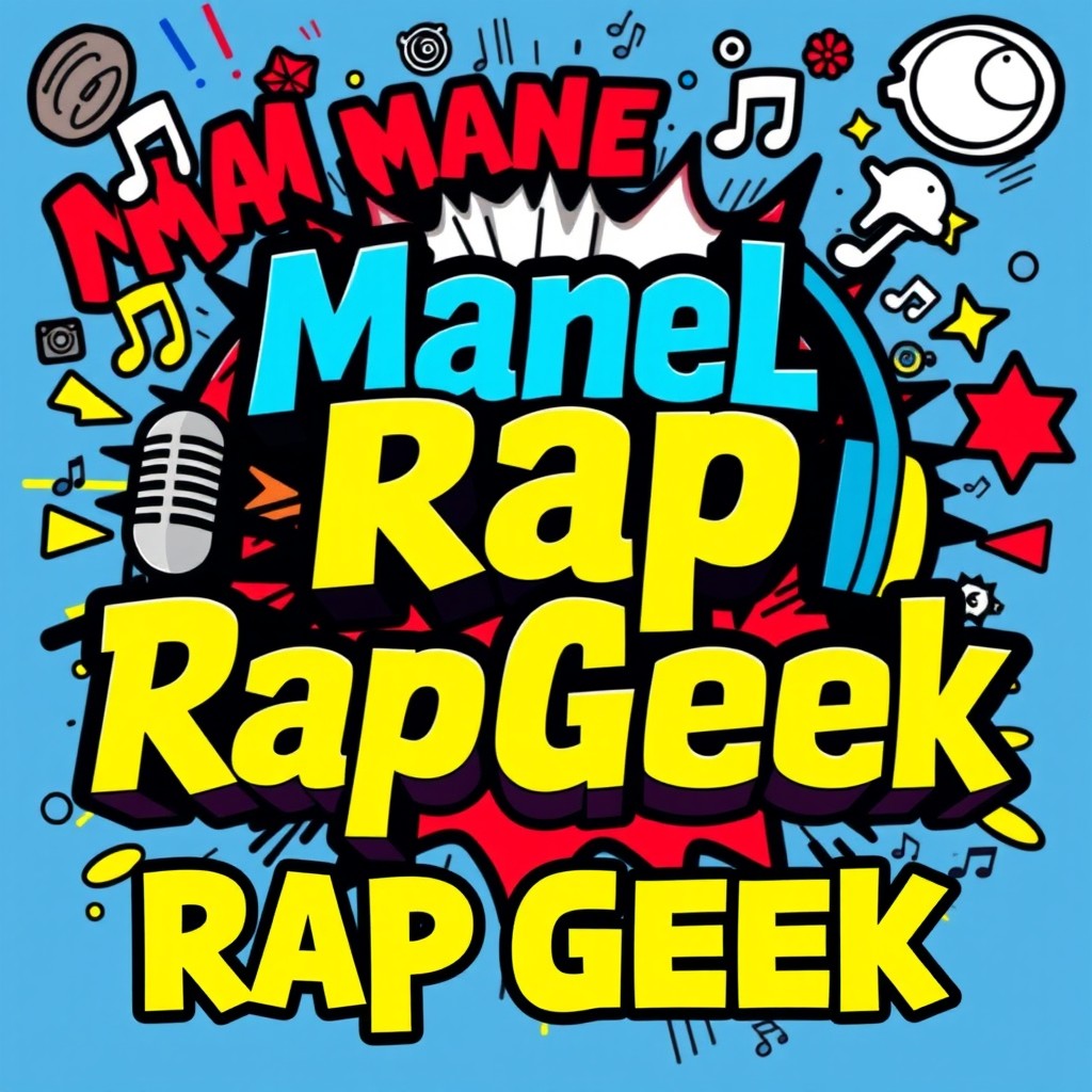 A vibrant and eye-catching thumbnail for "ManelRapGeek", featuring dynamic typography and graphic elements related to rap music and geek culture