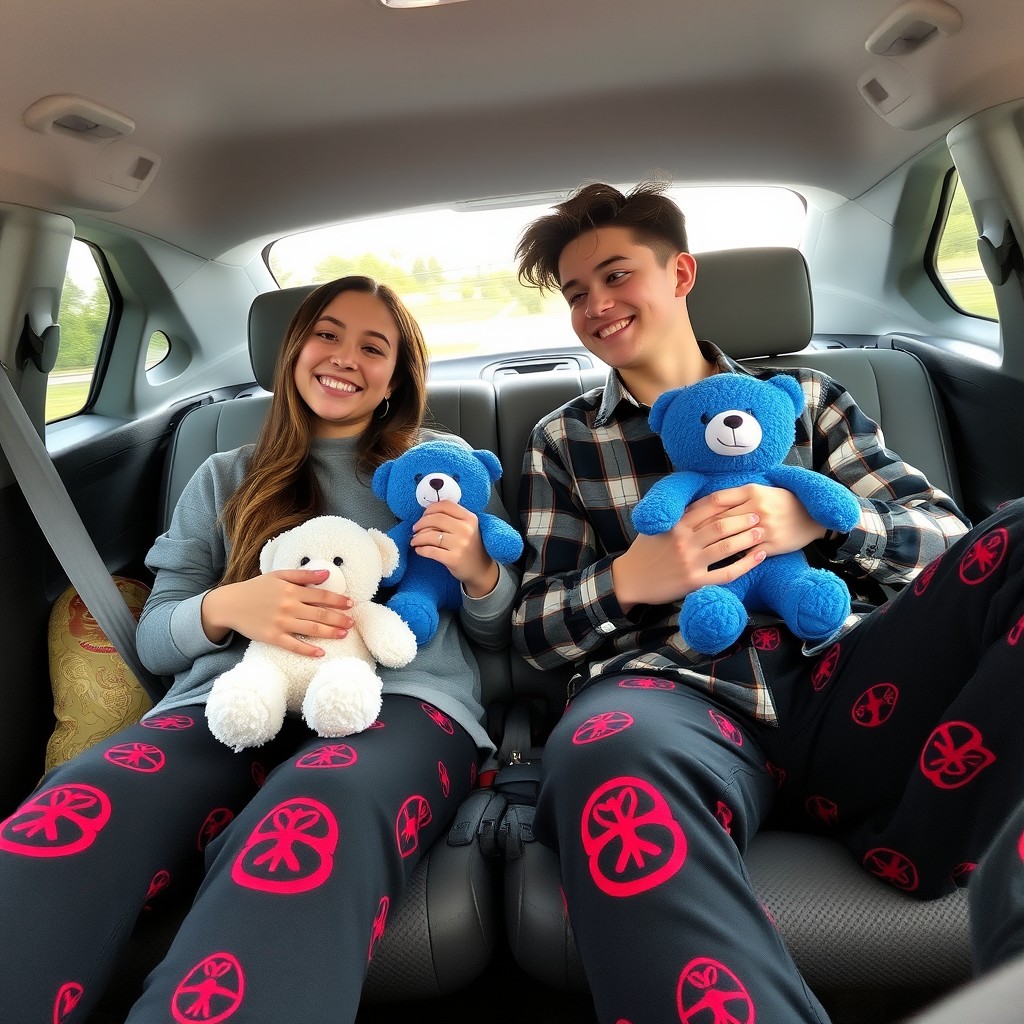 A young man and woman sitting together in a car with reclined seats, looking relaxed and happy