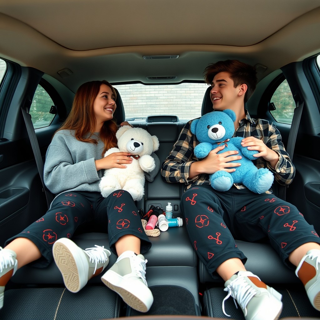 A young man and woman sitting inside a car with the seats reclined flat, joyfully chatting together