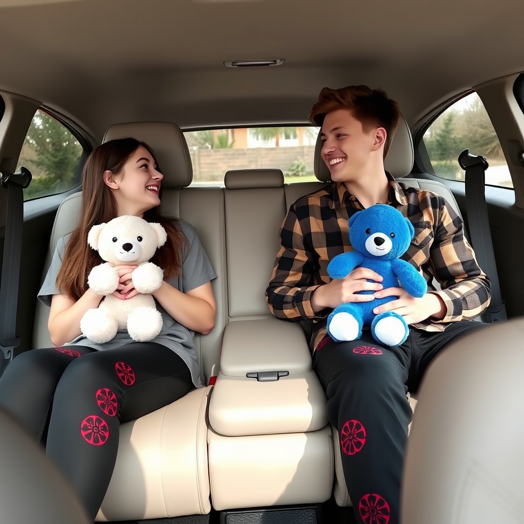 A cheerful young couple sitting inside a car with the seats reclined flat, creating an intimate atmosphere