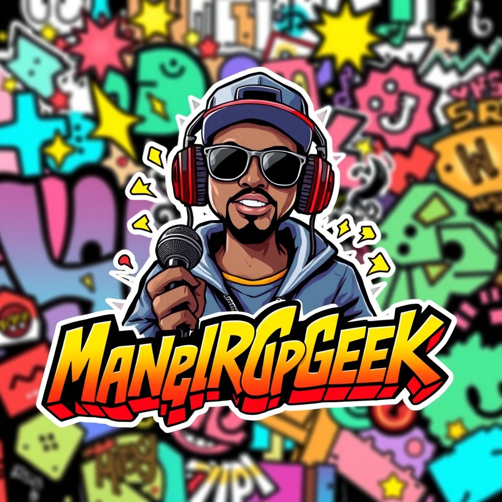 A vibrant and eye-catching YouTube thumbnail for a channel called ManelRapGeek, featuring elements of rap culture and geek aesthetics