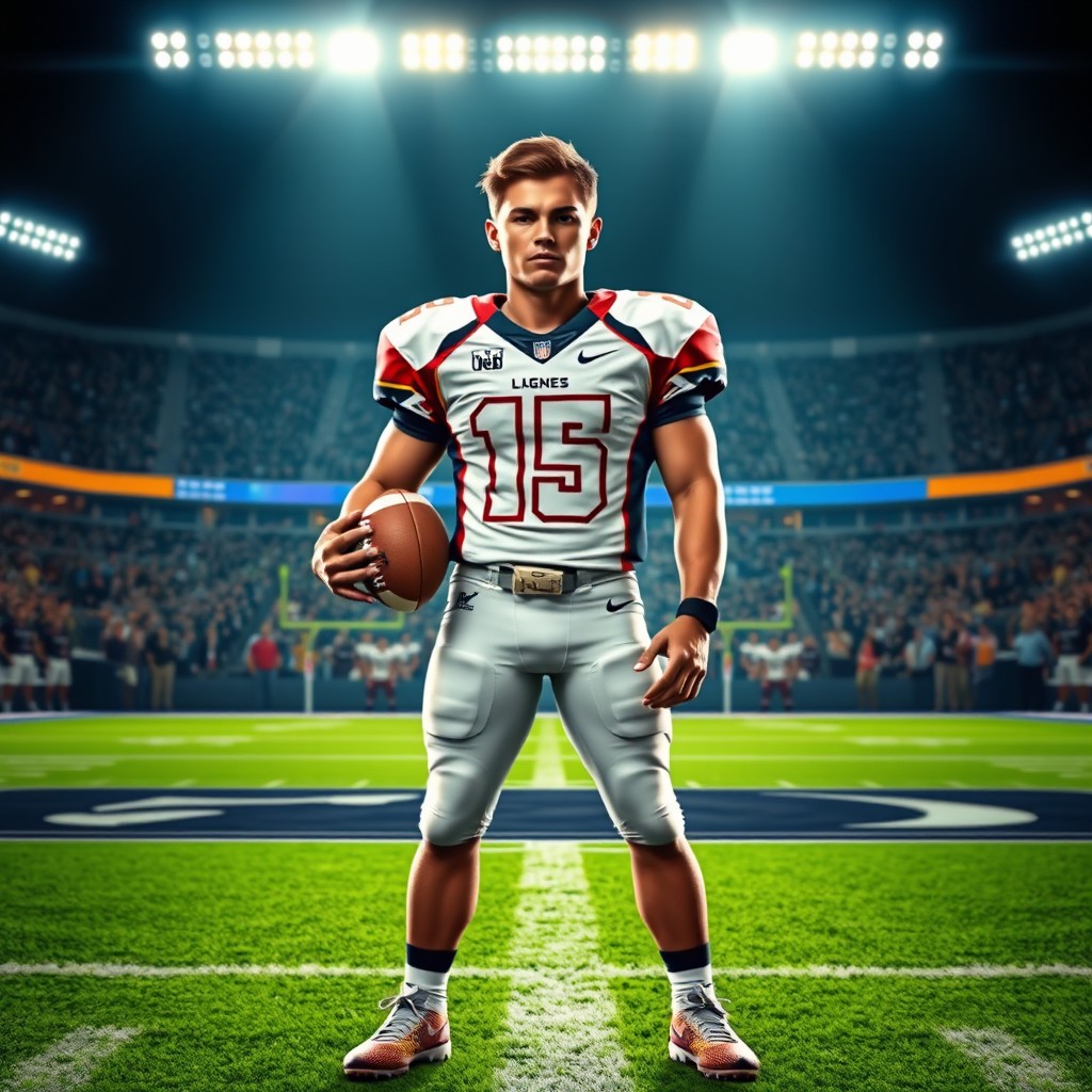 A realistic depiction of a young adult male football player in full gear, standing on a vibrant green football field under bright stadium lights