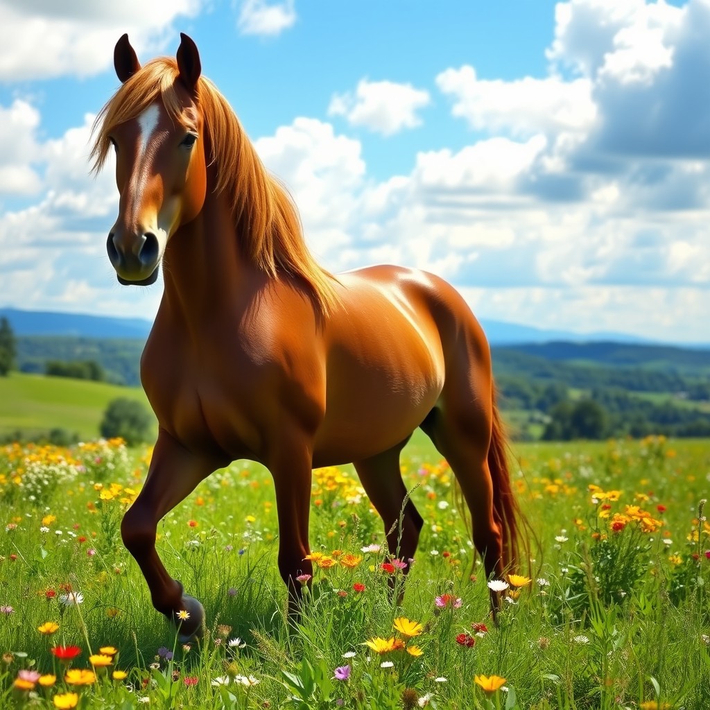 A majestic horse standing gracefully in a vibrant green meadow, surrounded by colorful wildflowers