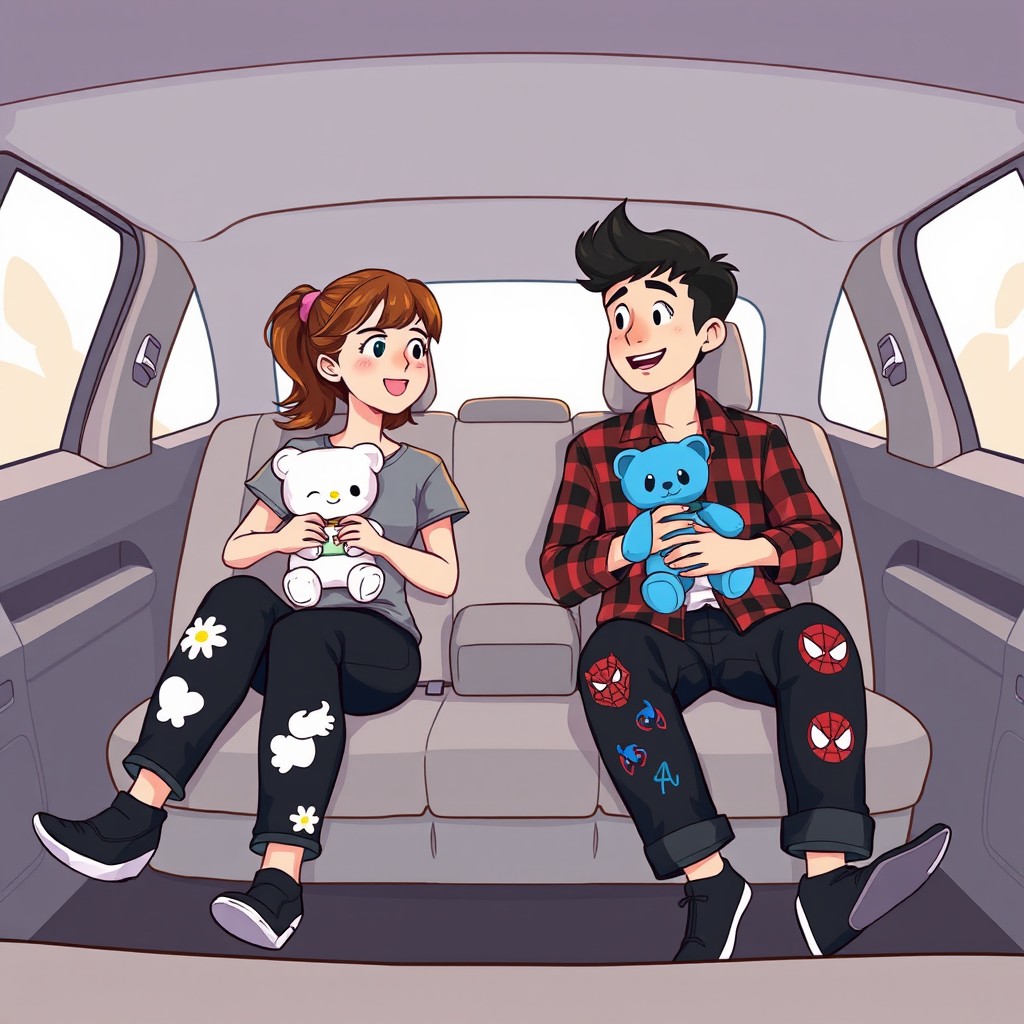 A colorful cartoon-style illustration of a young man and woman, both around 20 years old, sitting inside a cozy car with the seats reclined flat