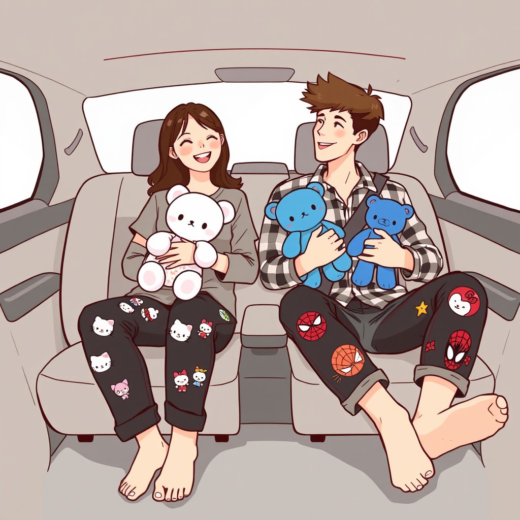 An illustration of a young man and woman, both around 20 years old, sitting together inside a car with reclined flat seats, happily chatting