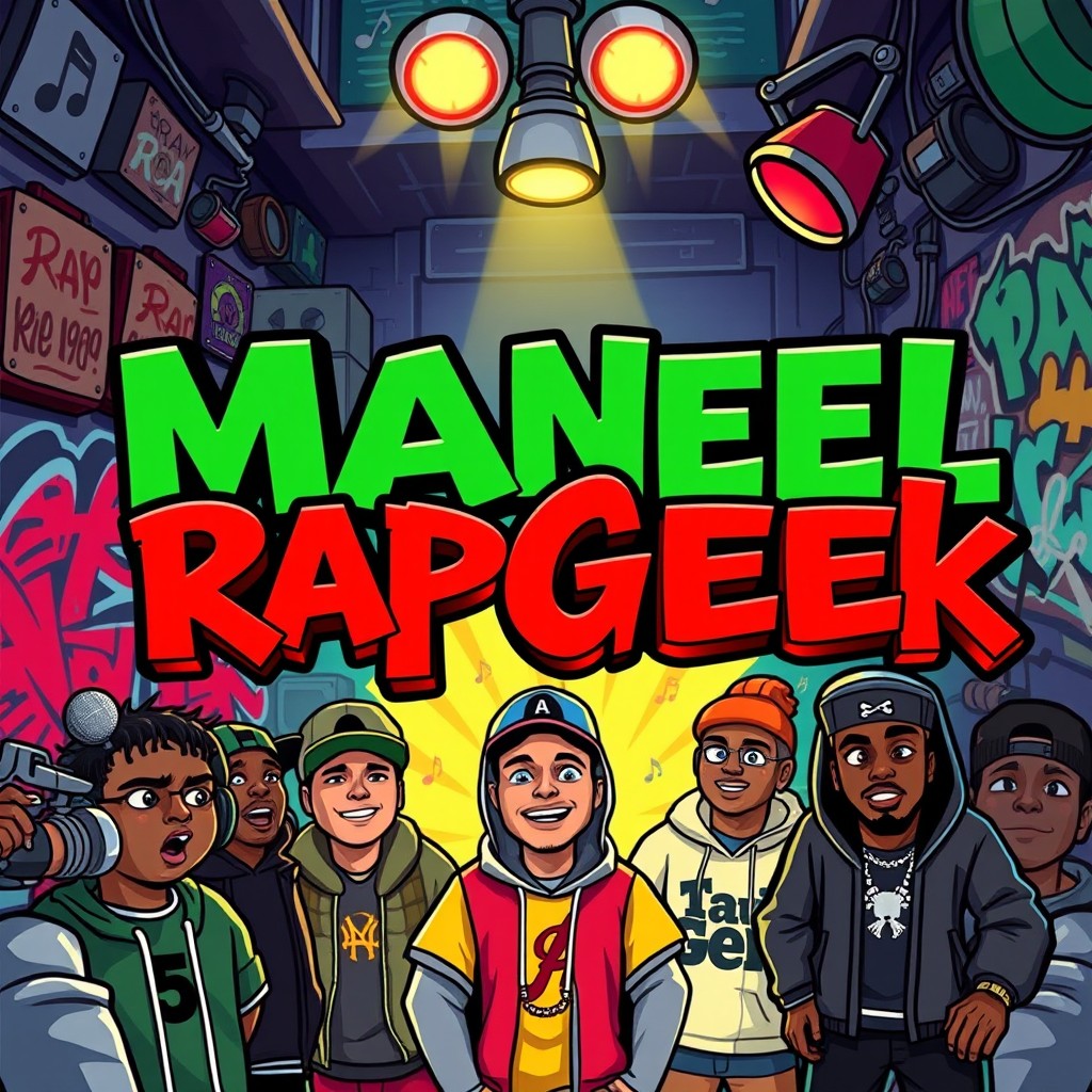 A vibrant and eye-catching YouTube thumbnail in a 16:9 aspect ratio for the channel 'ManelRapGeek'