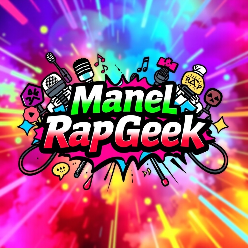 A vibrant and eye-catching YouTube channel cover for 'ManelRapGeek'