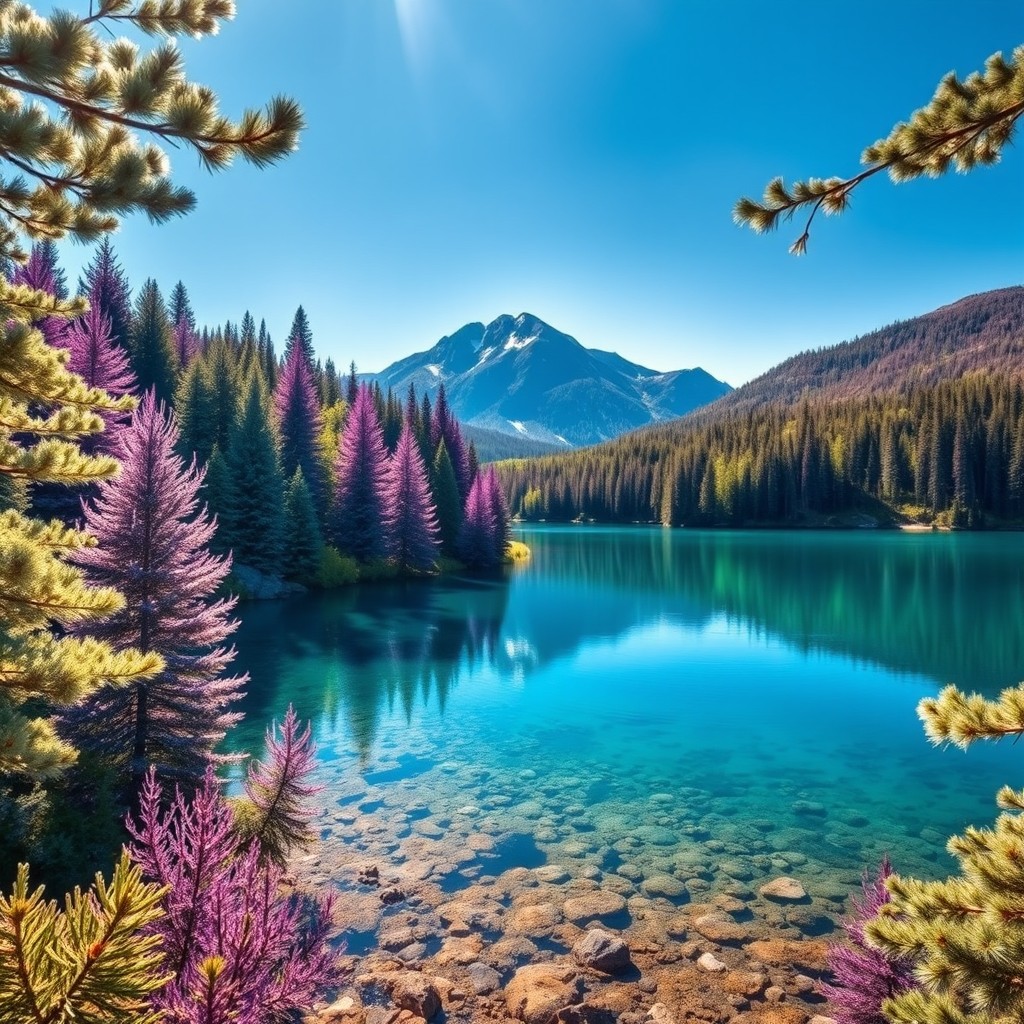 A vibrant and harmonious blend of two distinct landscapes featuring lush violet evergreens under a bright blue sky