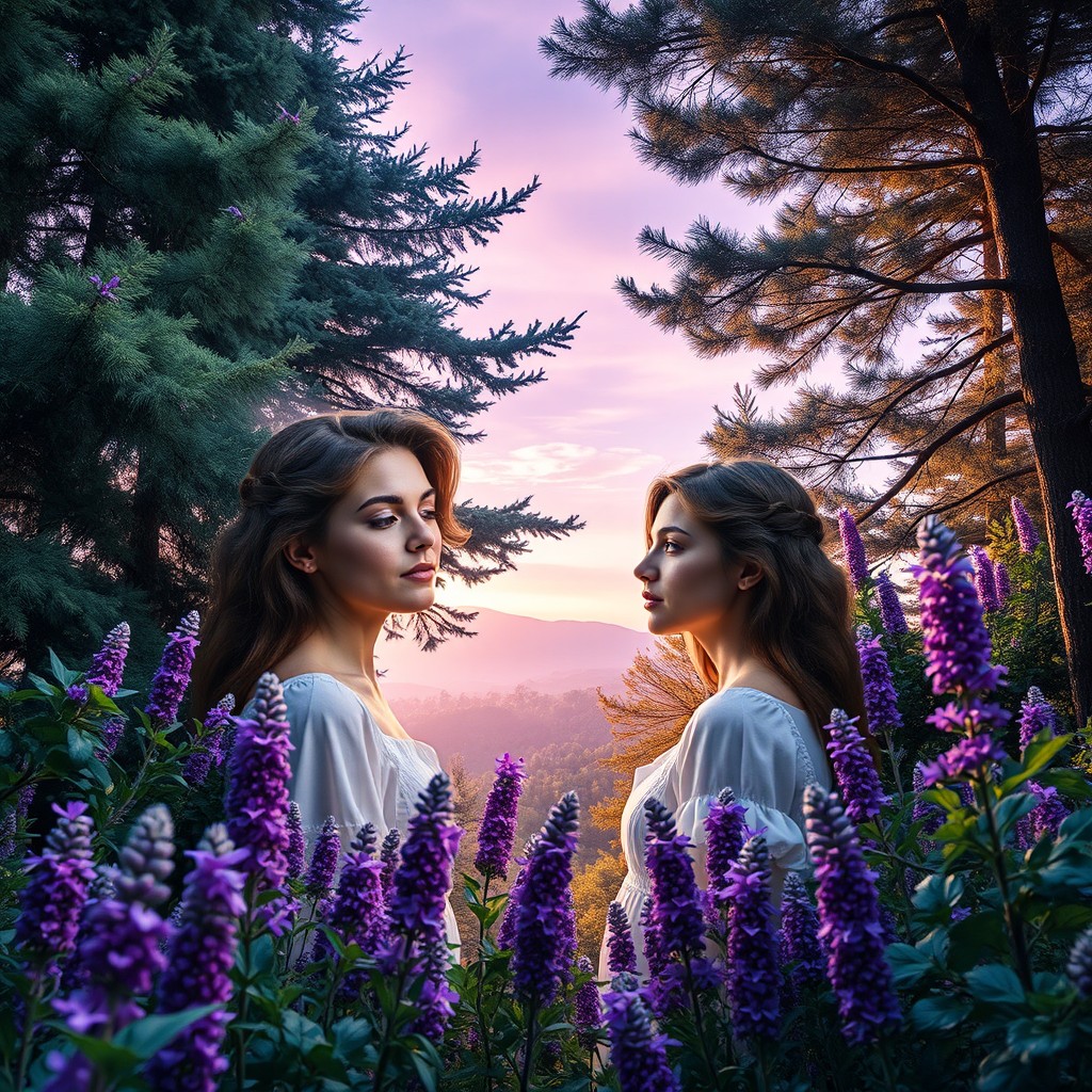 A beautiful composition combining the elements of two distinct images in a harmonious way, reflecting a violet evergreen aesthetic