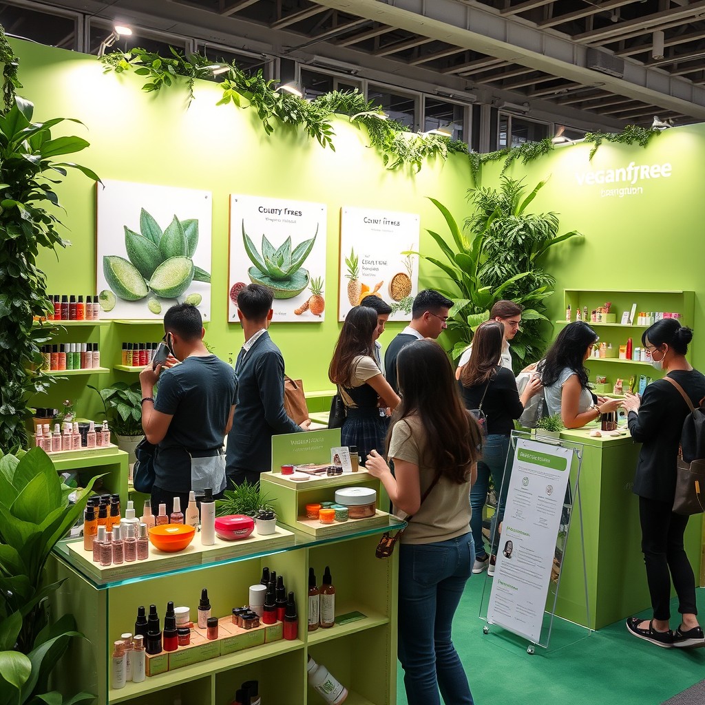 A vibrant and inviting green-themed booth at a beauty exhibition, showcasing a range of vegan cosmetics