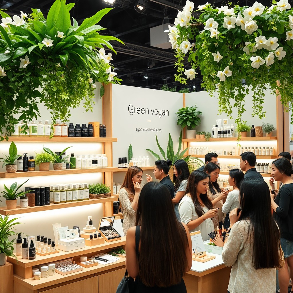 A vibrant and inviting green vegan cosmetics booth at a beauty exhibition, showcasing an array of eco-friendly skincare and makeup products