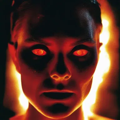 In the horror movie, the possessed character's oculus dexter turned bloodshot and glowed with an eerie light as she stared into the darkness.