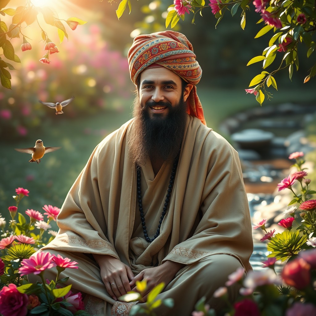 A serene Sufi saint sitting peacefully in a lush garden, surrounded by vibrant flowers and the soft glow of sunlight filtering through the leaves