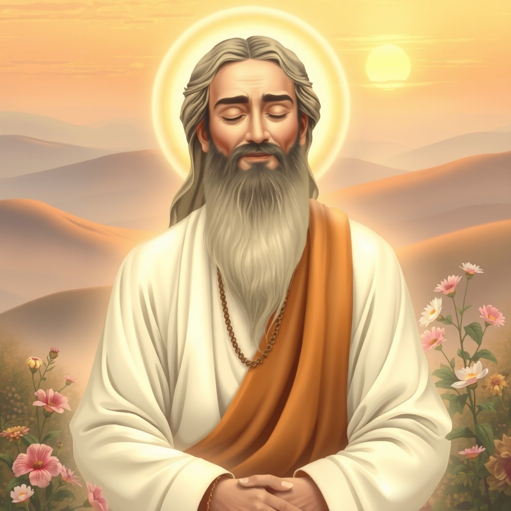 A serene Sufi saint depicted in traditional clothing, surrounded by an ethereal atmosphere