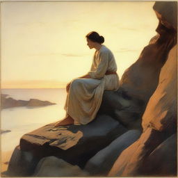 In a realistic style, illustrate a man, deeply engrossed in thought about a woman. The woman is depicted side-faced, perched on a rocky cliff bathed in the light of the setting sun.