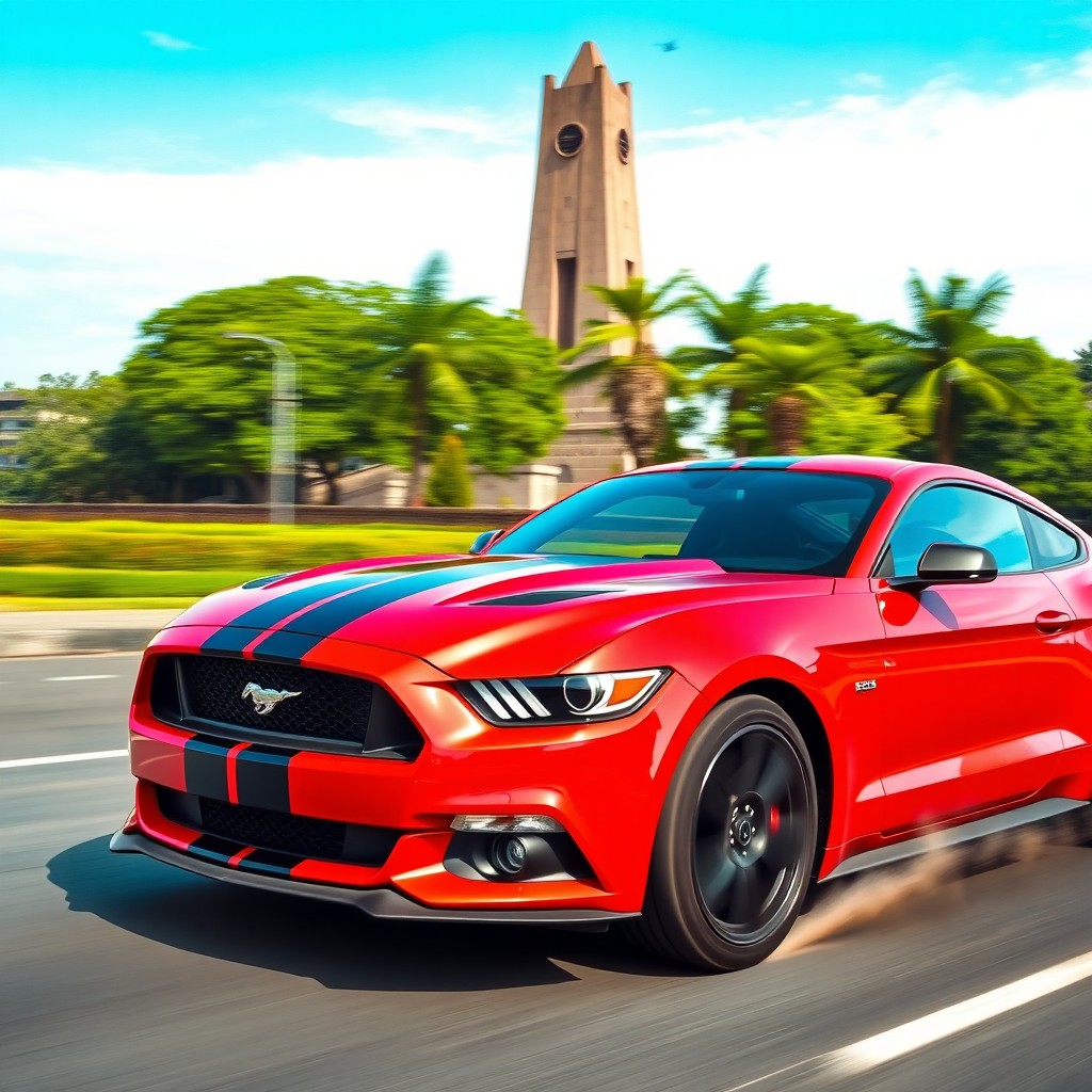 A vibrant red Ford Mustang with a striking black stripe running down the hood, captured mid-motion as it speeds through Monas, the National Monument in Jakarta, Indonesia