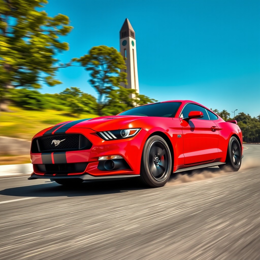 A striking red Ford Mustang with a bold black stripe on the hood racing through Monas (National Monument) in Jakarta, Indonesia