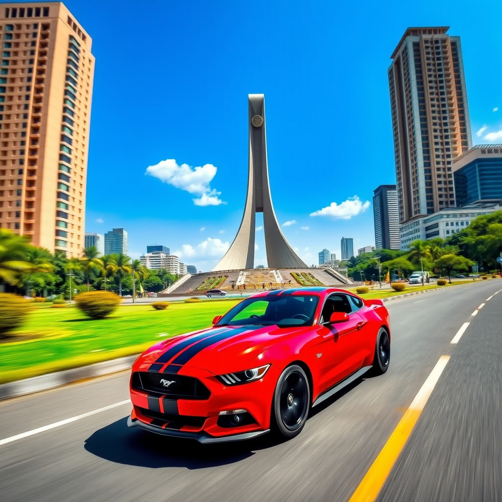 A vibrant red Ford Mustang with a striking black stripe running down the hood, speeding through the iconic Monas (National Monument) in Jakarta, Indonesia