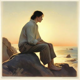 In a realistic style, illustrate a man, deeply engrossed in thought about a woman. The woman is depicted side-faced, perched on a rocky cliff bathed in the light of the setting sun.