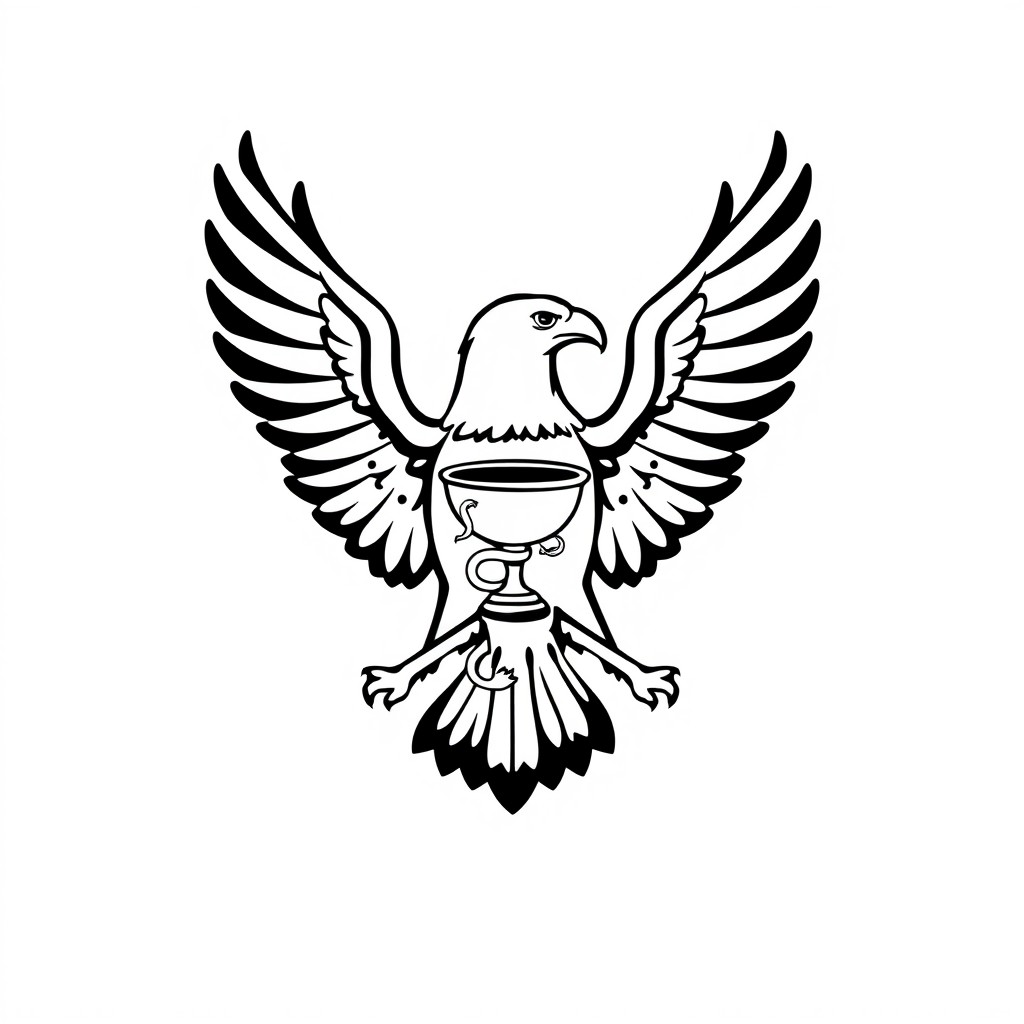 A minimalist black-and-white graphic illustration of an eagle with wings spread wide, featuring a perfectly symmetrical composition