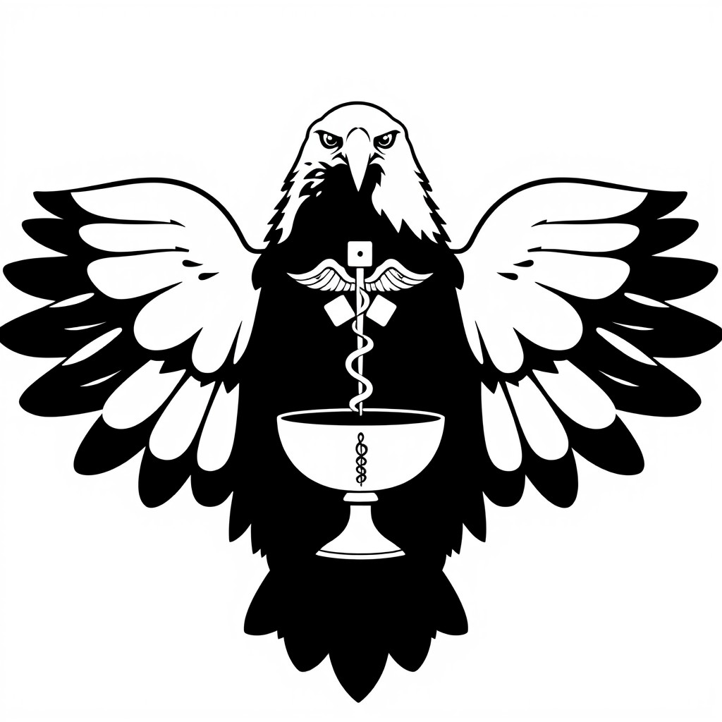 A minimalist black-and-white graphic illustration of an eagle with wings spread wide, centered on the eagle's chest is the distinct medical symbol - the Bowl of Hygieia, which features a chalice with a serpent coiled around it