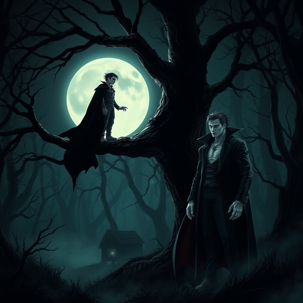 A dramatic scene of vampires lurking in the shadows of a dark, eerie forest at night