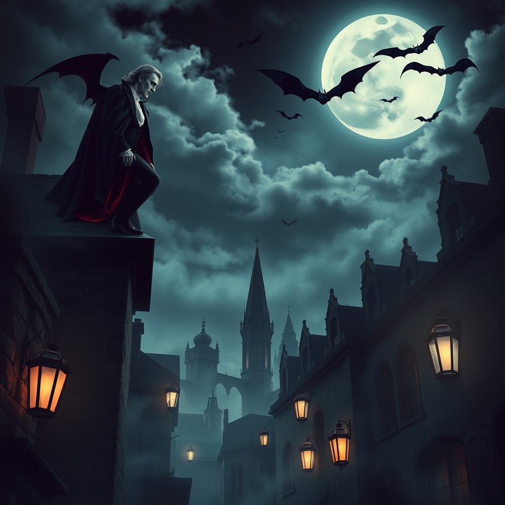 A dark and mysterious scene featuring vampires at night