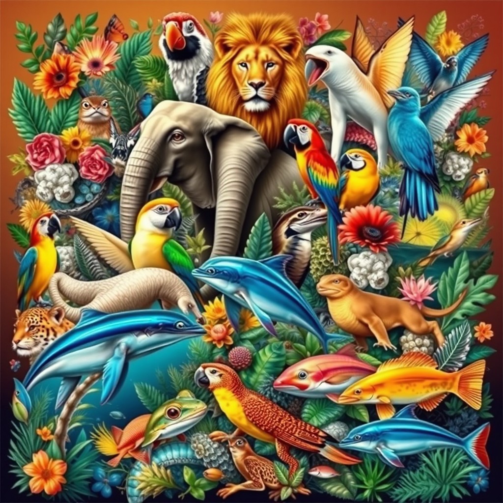 A vibrant and colorful collage of various vertebrate animals, including mammals, birds, reptiles, amphibians, and fish