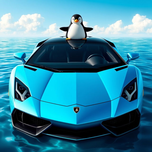 A sleek, cool blue Lamborghini floating gracefully on water, with the front of the car designed in the shape of a playful penguin just above the windshield