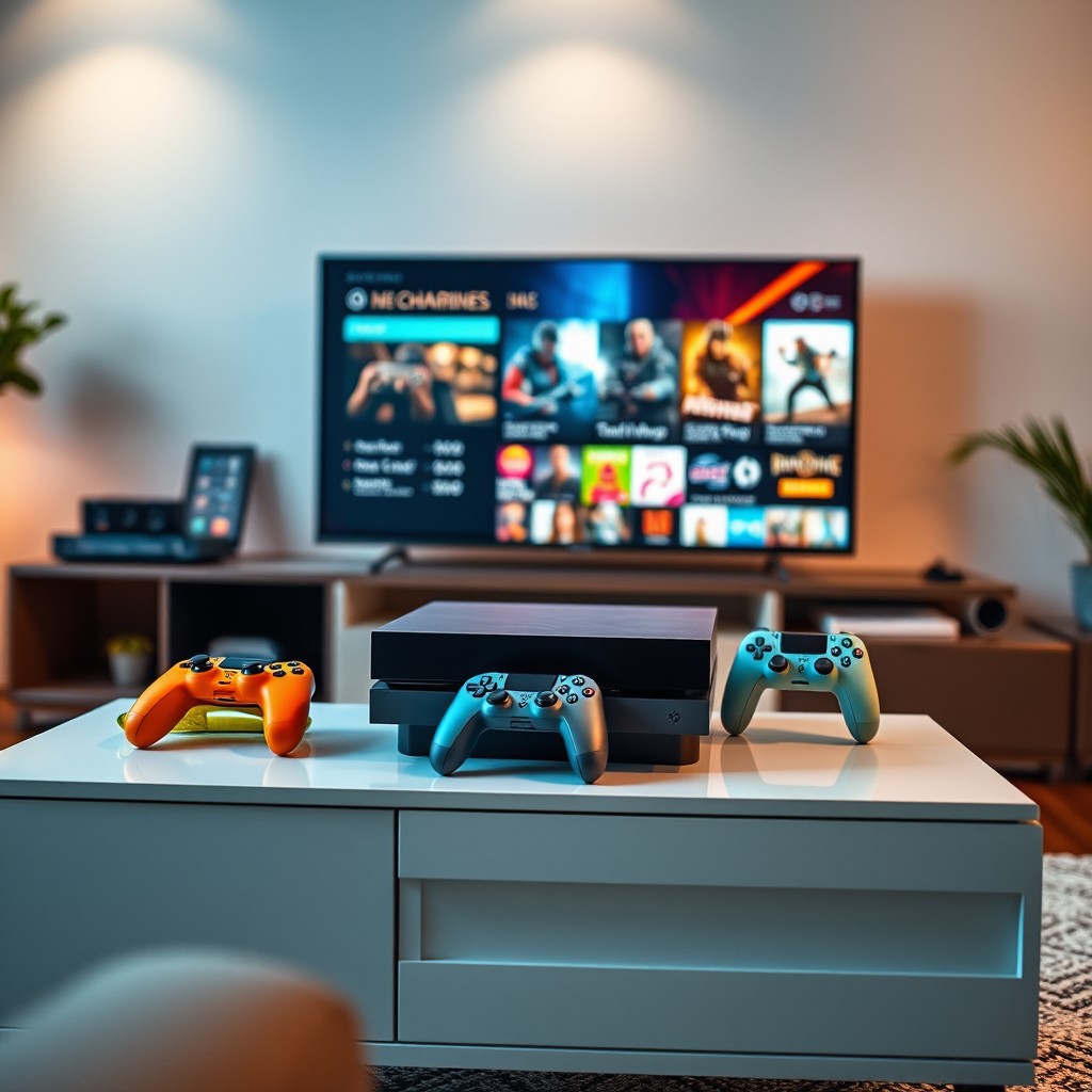 A beautifully composed image featuring a modern gaming console placed on a sleek, minimalistic TV stand