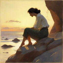 In a realistic style, illustrate a man, deeply engrossed in thought about a woman. The woman is depicted side-faced, perched on a rocky cliff bathed in the light of the setting sun.