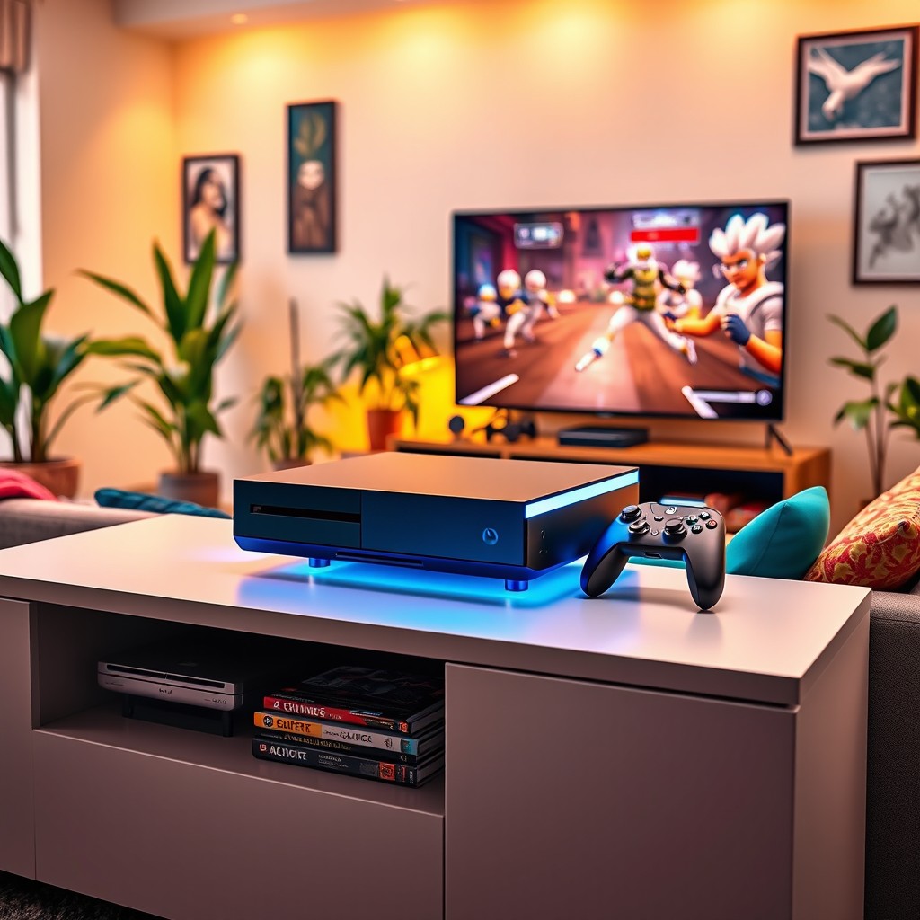 A vibrant and cozy living room scene featuring a modern video game console on a stylish entertainment center