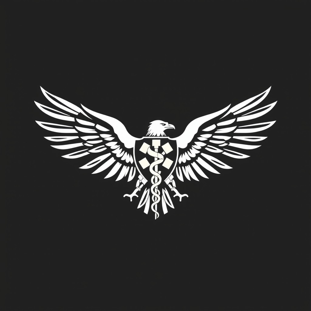 A heraldic-style logo featuring an eagle with outstretched wings, incorporating a medical symbol such as a cross, serpent, or caduceus seamlessly within the wings