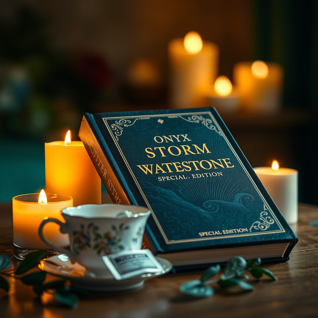 A beautifully arranged composition featuring an Onyx Storm Waterstone special edition book, elegantly placed on a wooden table